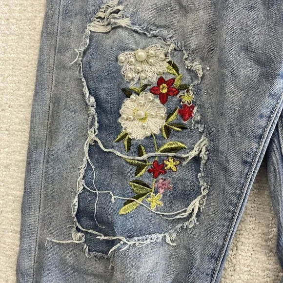 Joseph Ribkoff Jeans Blue Floral / Pearl Embellished Distressed Women Read - Picture 7 of 13